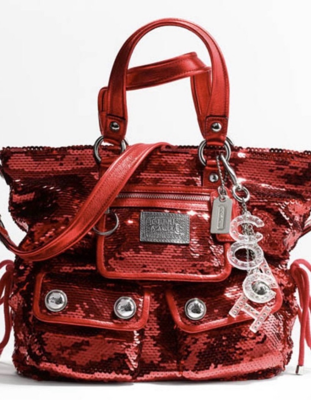 Coach Red Sequin Shoulder Bag with Charm Accents